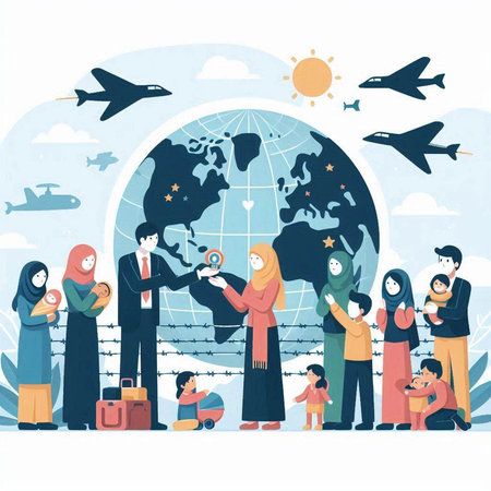 Muslim family travel around the world. Vector illustration. Flat style.のイラスト素材