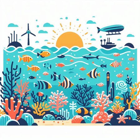 Underwater landscape with corals, algae and fish. Vector illustrationのイラスト素材