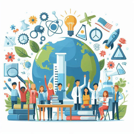 Back to school concept. Group of students and teacher standing around the globe. Vector illustration.のイラスト素材