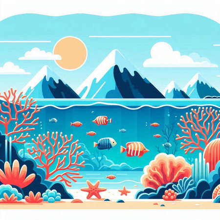 Sea landscape with coral reef, starfish and fish. Vector illustrationのイラスト素材