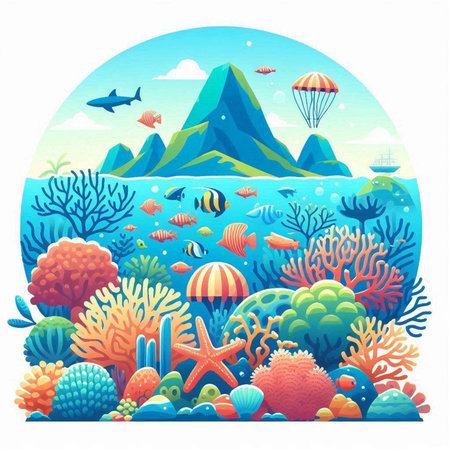 Coral reef with fish and paraglider. Vector illustration.のイラスト素材