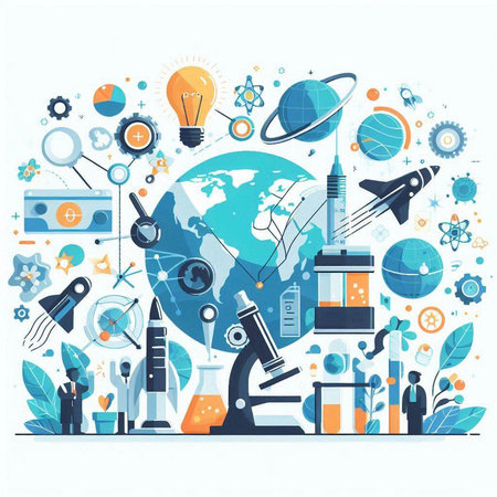 Science and education background with flat icons and elements. Vector illustration.のイラスト素材