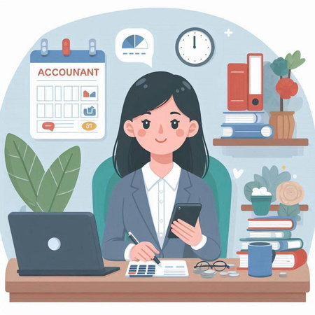 Businesswoman working at office with laptop, smartphone and documents. Vector illustration.のイラスト素材