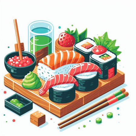 Sushi set. Sushi rolls with salmon, tuna, caviar, wasabi, ginger, soy sauce, wasabi. Vector illustrationのイラスト素材