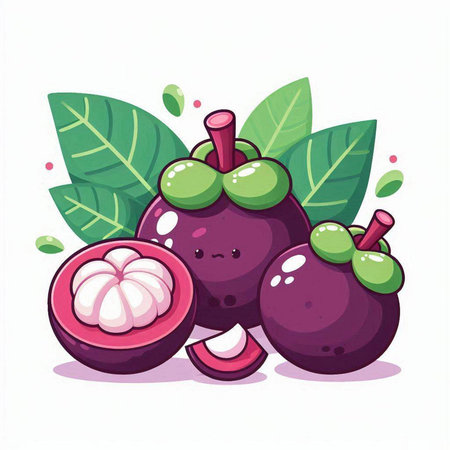 Mangosteen fruit vector illustration isolated on white background. Cartoon mangosteen fruit with leaves.のイラスト素材