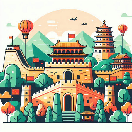 Colorful vector illustration of a Chinese town in the middle of the forestのイラスト素材