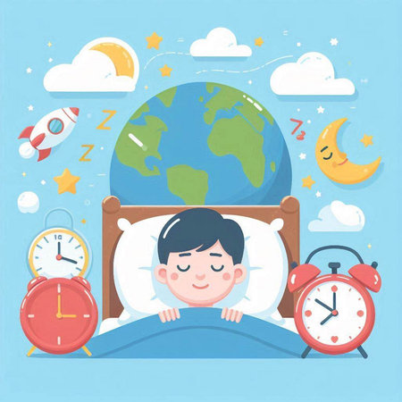 Boy sleeping in bed with alarm clock and moon. Vector illustration.のイラスト素材