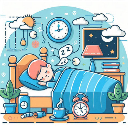 Sleeping boy with alarm clock in the bedroom. Vector illustration.のイラスト素材