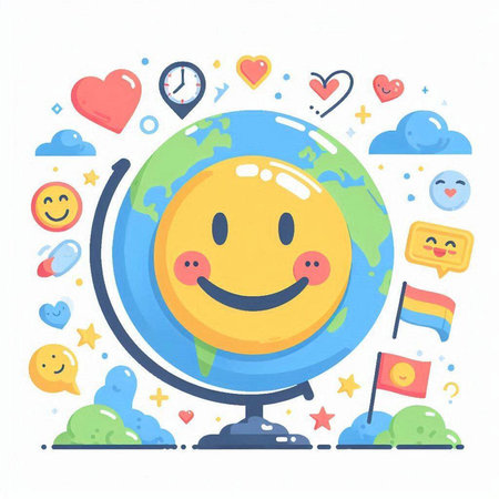 Vector illustration of globe with happy face and social media icons on white backgroundのイラスト素材