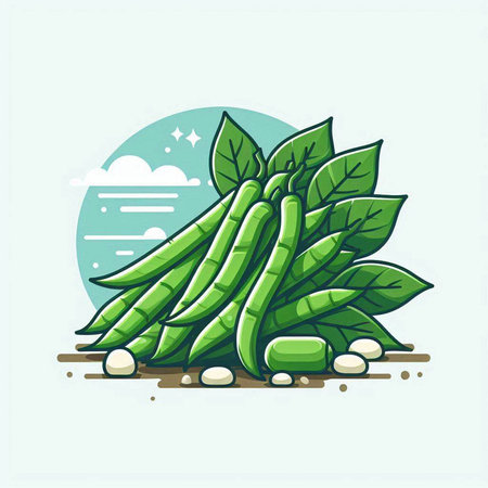 Illustration of fresh green beans with leaves on a white background.のイラスト素材