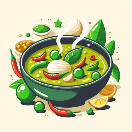 Illustration of a bowl of green curry soup with ingredients on a light backgroundのイラスト素材