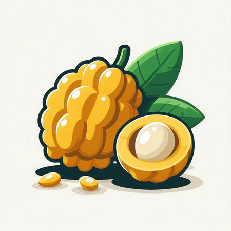 Fresh longan fruit with green leaves isolated on white background. Vector illustration.のイラスト素材