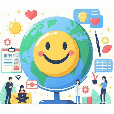 Flat design illustration concepts for web banners and promotional material. Cute cartoon character of globe with smiling face.のイラスト素材