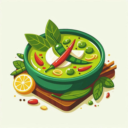 Green curry in bowl with herbs, spices and lemon. Vector illustration.のイラスト素材