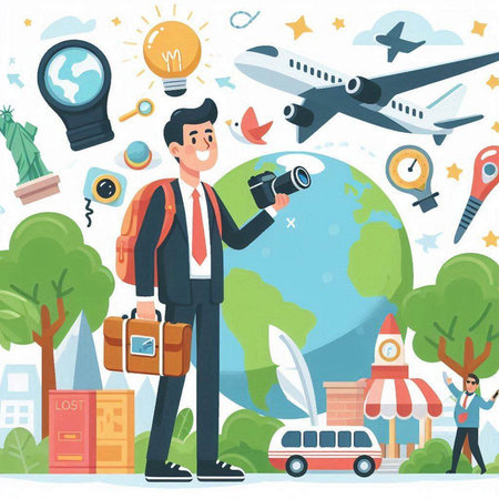 Businessman with camera and travel icons. Vector illustration in flat styleのイラスト素材