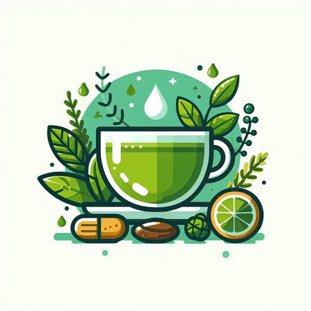 Cup of green tea with lemon, leaves and drops. Vector illustration.のイラスト素材