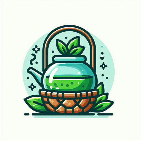 Tea pot with leaves in a basket. Vector illustration in cartoon style.のイラスト素材