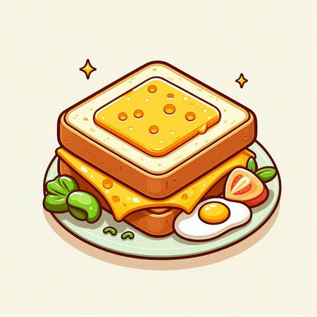 Illustration of a sandwich with butter and eggs on a plate.のイラスト素材