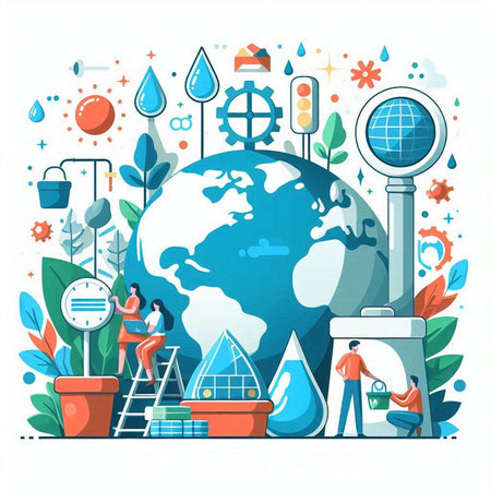 Save the planet concept with people and icons. Vector flat illustration.のイラスト素材