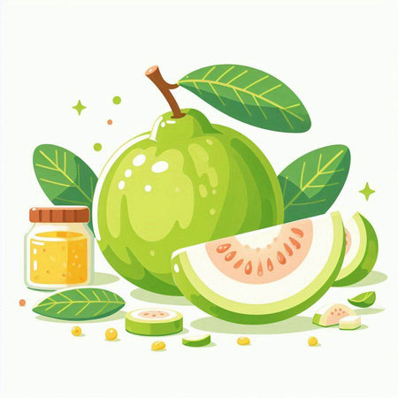 Guava vector illustration. Juicy fruit with green leaves and a jar of guava juice.のイラスト素材