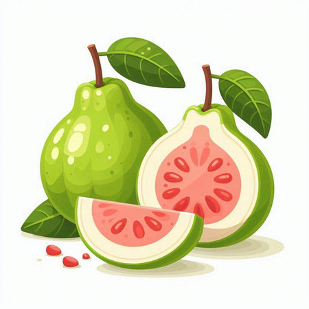 Guava fruit with leaves isolated on white background, vector illustration.のイラスト素材