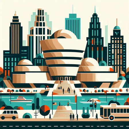 Modern city with famous buildings. Vector illustration in flat style. Urban landscape.のイラスト素材
