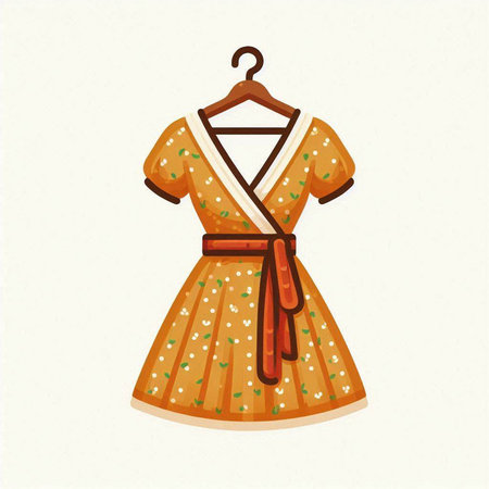 Vintage woman's dress on a hanger. Vector illustration.のイラスト素材