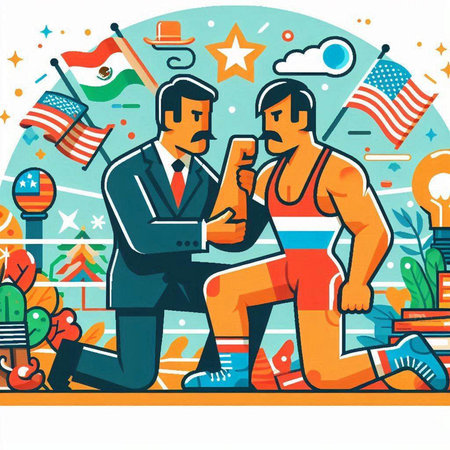 Vector illustration of a man in a business suit and a businessman with a laptop on the background of the American flag.のイラスト素材
