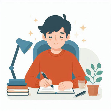 Illustration of a young man doing homework. Vector illustration in a flat style.のイラスト素材