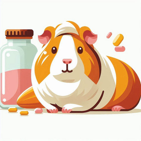 Illustration of a guinea pig with a bottle of pills on a white backgroundのイラスト素材