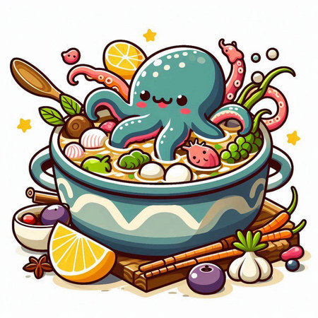 Cute cartoon octopus soup with vegetables and spices. Vector illustration.のイラスト素材