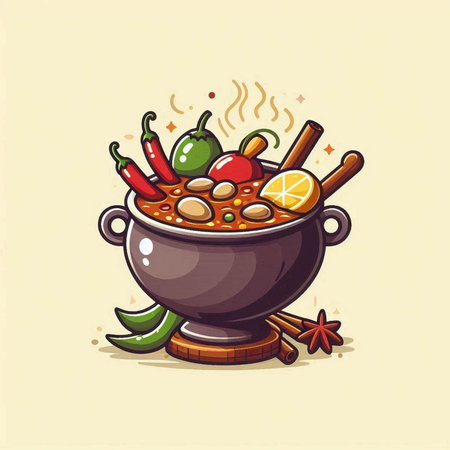 Illustration of a cauldron of hot spicy soup with spices.のイラスト素材