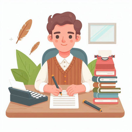 Young man sitting at the desk and writing in a notebook. Vector illustrationのイラスト素材
