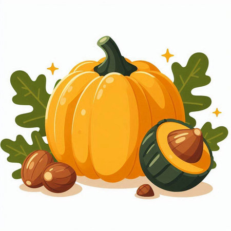 Pumpkin and nuts on a white background. Vector illustration.のイラスト素材