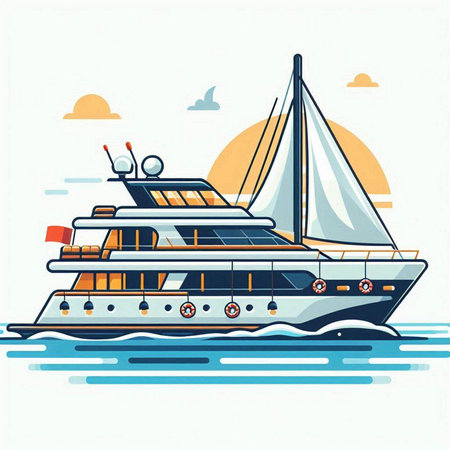 Yacht on the sea. Vector illustration in flat linear style.のイラスト素材
