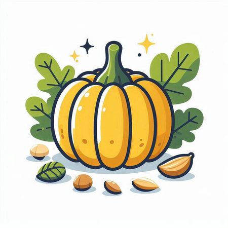 Pumpkin with leaves, nuts and seeds. Vector illustration.のイラスト素材