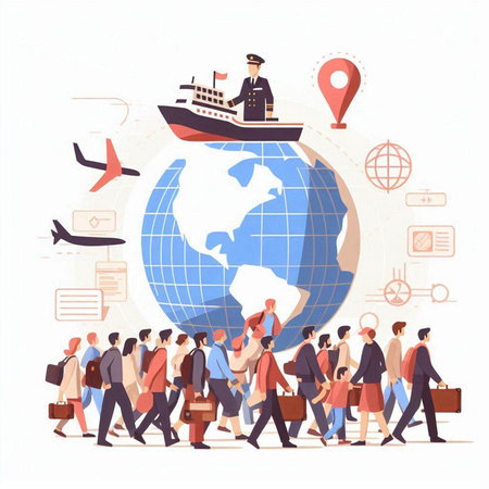 Business People Traveling around the World with Globe, Airplane and Ship. Vector illustrationのイラスト素材