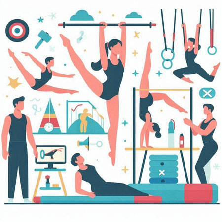 Group of people doing gymnastics in the gym. Flat vector illustration.のイラスト素材