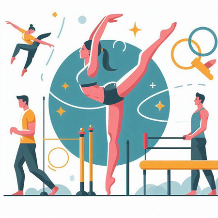 Man and woman doing gymnastic exercises. Flat vector illustration. Sport, healthy lifestyle concept for banner, website design or landing web pageのイラスト素材