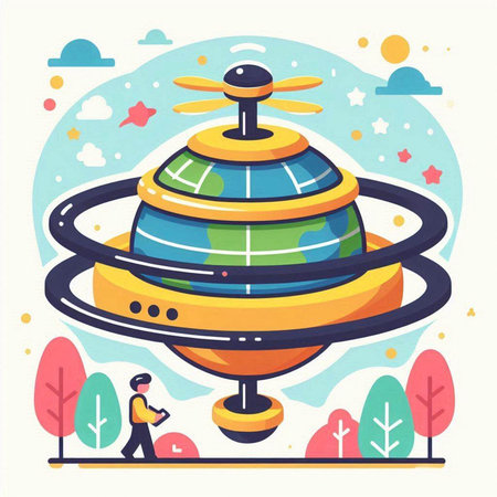 Cartoon flat vector illustration of UFO flying saucer with planet earth.のイラスト素材
