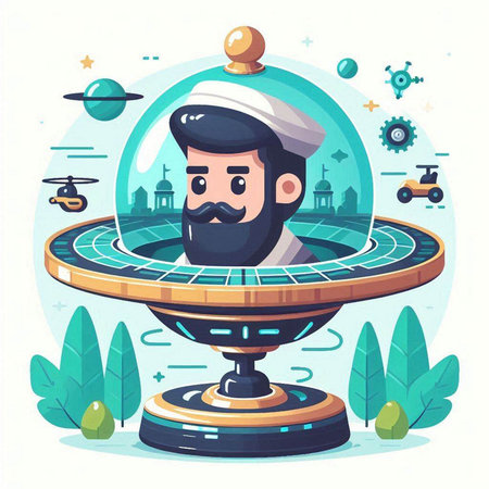 Cartoon vector illustration of a man with a beard and mustache in a hat on a rotating wheel.のイラスト素材