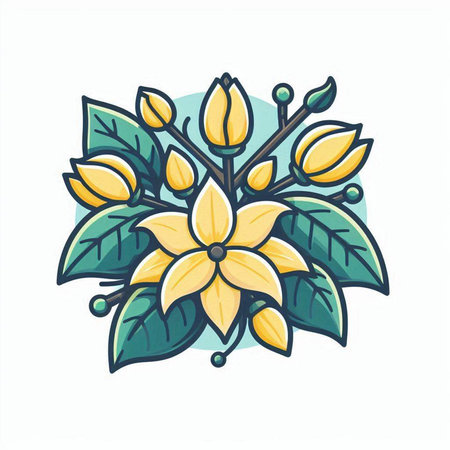 Illustration of yellow flower with green leaves isolated on white background.のイラスト素材