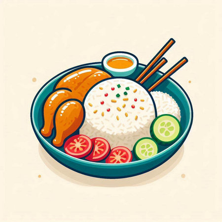 Illustration of chicken and rice on plate with chopsticks and vegetablesのイラスト素材