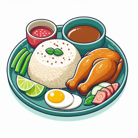 Illustration of a plate with rice, chicken, egg and sauceのイラスト素材