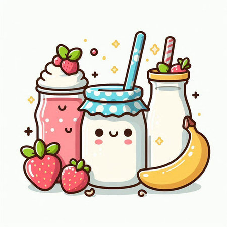 Smiling milkshakes with strawberry and banana. Vector illustration.のイラスト素材