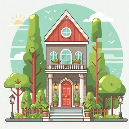 Vector illustration of a beautiful house in the park. Cartoon style.のイラスト素材