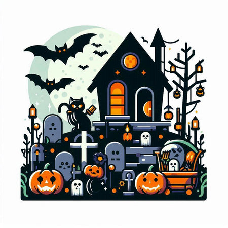 Halloween vector illustration with pumpkins, cemetery, haunted house and batsのイラスト素材