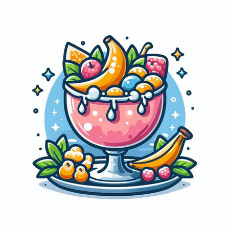 Fruit ice cream in a glass bowl with berries. Vector illustration.のイラスト素材