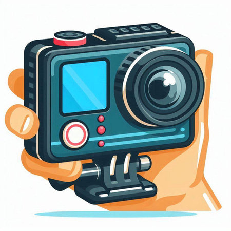Retro photo camera in hand. Vector illustration on white background.のイラスト素材