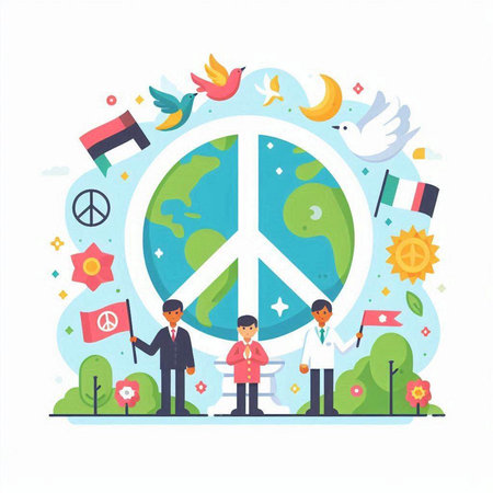 Vector illustration of World Peace Day in flat design. People with flags, peace symbol and symbols.のイラスト素材